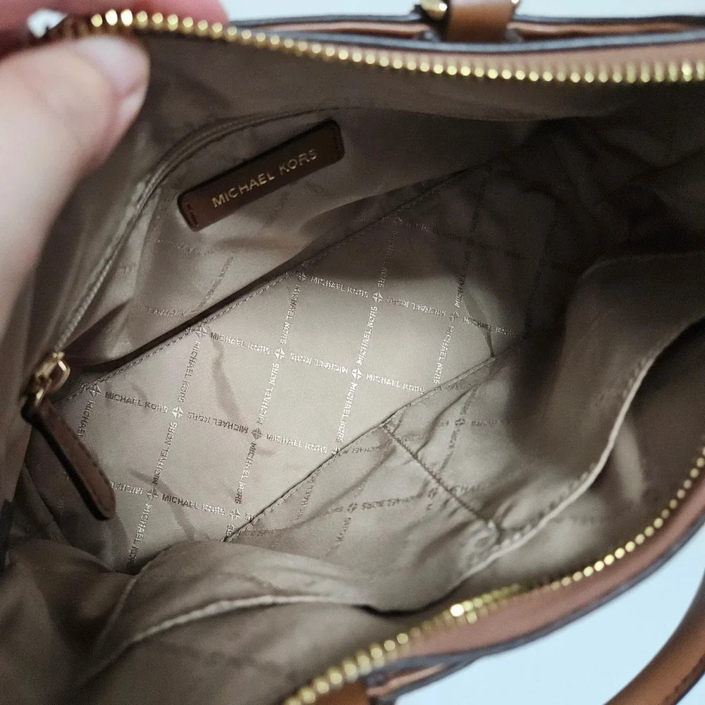 Michael Kors Austen Satchel Medium Vanilla Acorn Monogram Logo Designer Handbag*